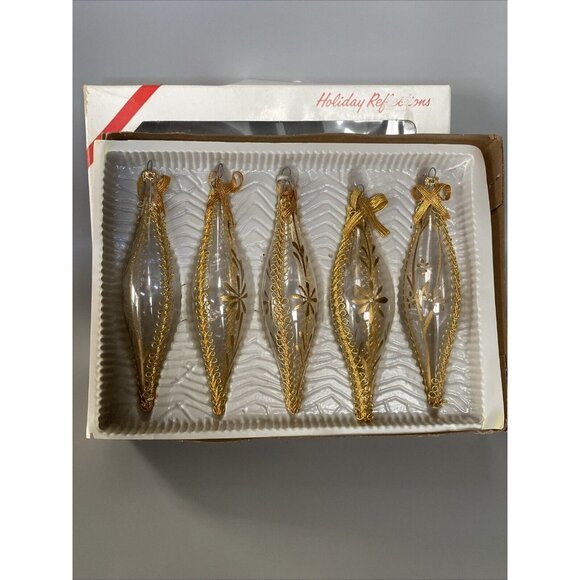 5 Vintage Clear Glass Icicle Tear Drop Christmas Ornament Gold Accent Hand Paint - Picture 2 of 12